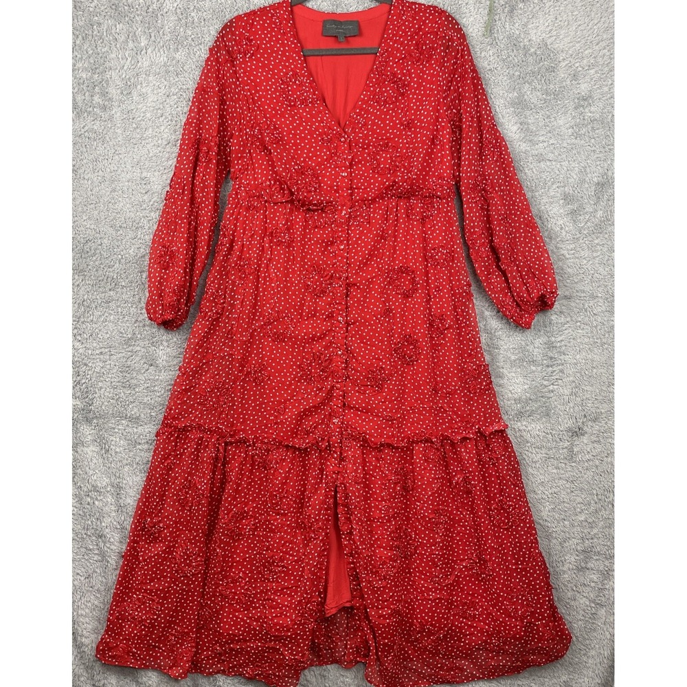 Sunday In Brooklyn Dress P Small‎ Red Polka Dot Textured Button Up Cottage Boho